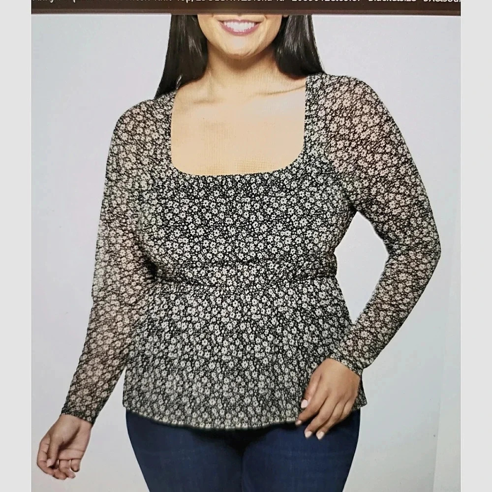 Daisy & Delilah Mesh Square Neck Black Cream Women's Top Size 3X